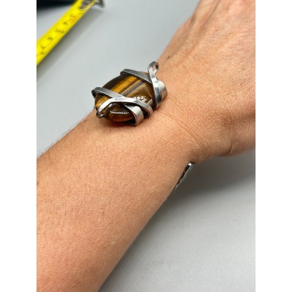 Flatware Jewelry Handcrafted Fork Bangle Bracelet Tiger Eye Stone Primitive - Picture 9 of 11